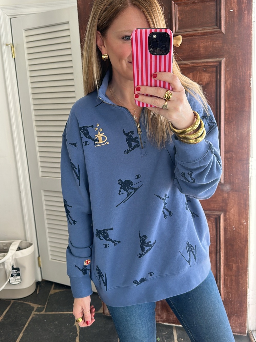 Champion Women's Blue Ski-Print Half-Zip Sweatshirt